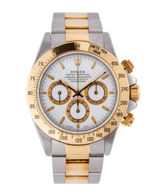 Rolex Chronograph, Daytona modeli, referans 16523. Çelik ve altından otomatik kurmalı saat. Beyaz bir arka planda. Milan mı? İtalya 10 Eylül 2024
