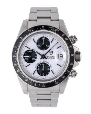 Tudor Chronograph, Chrono zaman modeli, referans 79260. Çelik çantalı otomatik kurmalı saat. Beyaz arka planda. Milan mı? İtalya _ 10 Eylül _ 2024