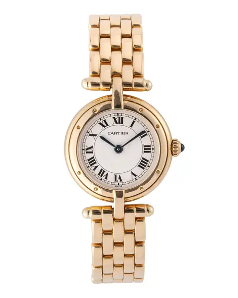 Cartier saati, Panthere Vendome modeli, referans 6692. Kuvars kadın saati, altın çanta ve kayış. Beyaz arka planda. Milan mı? İtalya _ 10 Eylül _ 2024