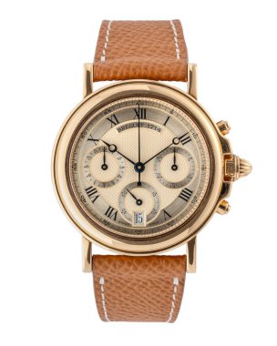 Breguet Chronograph, deniz modeli, referans 4460. Otomatik kurmalı kronograf, 18 kt sarı altın çanta. Beyaz arka planda. Milan mı? İtalya _ 10 Eylül _ 2024