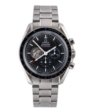 Omega Kronograf, Speedmaster modeli, referans. Kronograf, çelik kasa. Apollo 11 'in 40. yıldönümü anma baskısı. Beyaz arka planda. Milan mı? İtalya _ 10 Eylül _ 2024