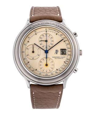 Audemars Piguet Chronograph, Huitieme Chrono modeli, referans ST25644. Otomatik kurmalı kronograf, çelik kasa. Beyaz arka planda. Milan mı? İtalya _ 10 Eylül _ 2024