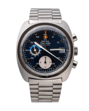 Omega kronograf, seamaster model, referans 176.007. Otomatik kurmalı saat, çelik kasa. Beyaz arka plan. Milan mı? İtalya _ 18 Eylül 2024