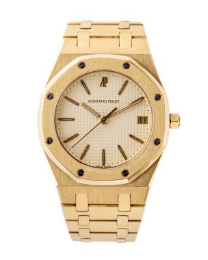Audemars Piguet saati, Royal Oak modeli, referans BA6023 _ 477. Kuvars saat, 18 kt sarı altın çanta. Beyaz arka plan. Milan mı? İtalya _ 18 Eylül 2024