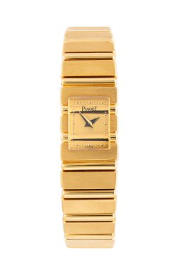 Piaget saatinin ön görüntüsü, Bayan Polo modeli, referans 15201 C701. Entegre bileziği olan 18 kiloluk sarı bir çanta. Milan mı? İtalya 14 Nisan 2025