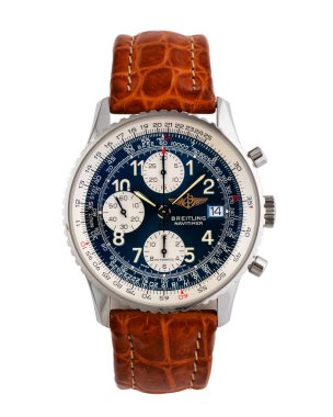 Breitling Chronograph, Navitimer modeli, referans A13322. Otomatik hareket eden ikonik İsviçre saati, paslanmaz çelik çanta ve mavi kadranlı. İtalya _ 14 Nisan _ 2025