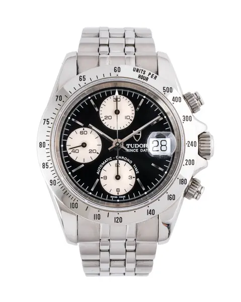 Tudor kronografisi, otomatik hareket, Prince Date modeli, referans 79280P, siyah kadranlı ve paslanmaz çelik çantalı. Milan mı? İtalya _ 14 Nisan _ 2025