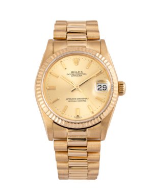 Rolex otomatik kurmalı saat, tarihli model, referans 68278, 18 kiloluk sarı bir çanta ve bilezik, şampanya kadranı. Milan mı? İtalya 14 Nisan 2025