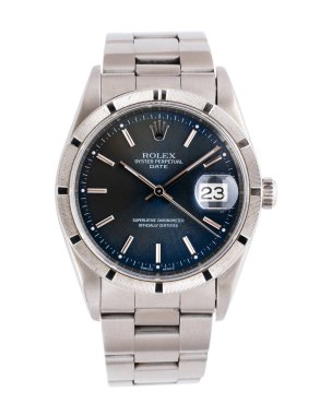 Rolex otomatik kurmalı saat, Oyster Perpetual Date modeli, referans 15210, çelik kasa ve mavi kadranlı. Milan mı? İtalya 14 Nisan 2025
