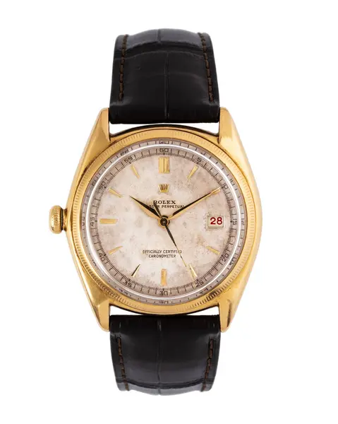 Rolex saat, Ovettone modeli, referans 4467. Otomatik sarmalı 18 kiloluk sarı bir çanta. Milan mı? İtalya 14 Nisan 2025