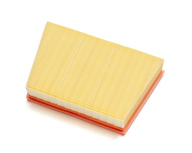 Araba kabini için polen filtresi, beyaz arka planda izole edilmiş. Otomotiv, bakım ve teknik stok fotoğrafçılığı için ideal.