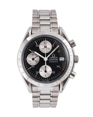 Omega otomatik kurmalı saat, Speedmaster otomatik model, referans 175.0043, çelik kasa, siyah kadranlı. Milan mı? İtalya 14 Nisan 2025