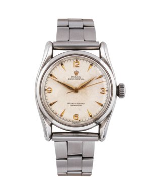 1960 'lardan kalma klasik Rolex Ovetto otomatik kol saati, referans 5018. Beyaz kadranlı çelik kasa. Nadir bulunan bir koleksiyon parçası. Milan mı? İtalya 16 Nisan 2025