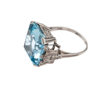 Aquamarine ile beyaz altın yüzük ve küçük huit-huit elmas