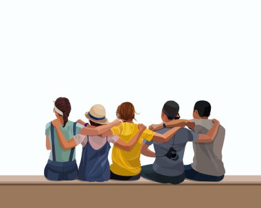 Neşeli bir yaz günü, bir grup genç kız ve erkek oturup birbirlerine sarılıyorlar, arkadaşlar. Özgür ve mutlu insanlar, kadınlar ve erkekler arasındaki arkadaşlık kavramı. Vektör illüstrasyonu.