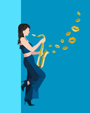 Genç seksi kadın saksafon çalıyor ve altın öpücükler veriyor. Poster, afiş ve baskı için vektör çizimi. Çizgi film İnsanları Vektör İllüstrasyonu