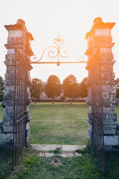 forged old gate close-up, the entrance to the castle, the gate was taken at sunset silhouette. A beautiful landscape has a place for an inscription. High quality photo