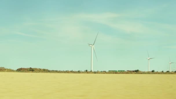 车载着视频穿过田野 环绕着黄色的草地 在很远的地方可以看到很多风力涡轮机 产生生态电 高质量的4K镜头 — 图库视频影像