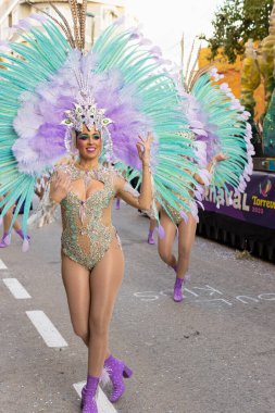 İspanya 'daki karnaval, Torrevieja şehri, 12 Şubat 2023, insanlar karnavalda yürüyor. Yüksek kalite fotoğraf