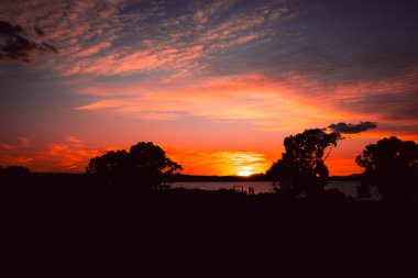 Ağaçların ve gölün arka planında güzel bir günbatımının fotoğrafı. Yazıtlar için bir yer var. Doğanın günbatımındaki güzel fotoğrafı. Yüksek kalite fotoğraf