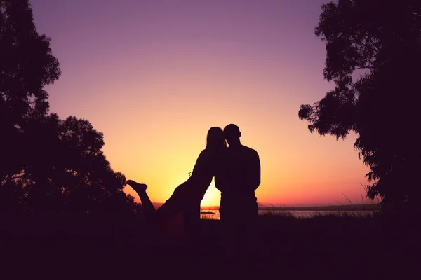 silhouette of a couple in love at sunset against a background of nature, there is a place for the inscription, happy couple silhouette. High quality photo