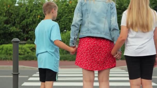 Moeder Haar Twee Kinderen Jongen Meisje Steken Weg Bij Voetgangersoversteek — Stockvideo