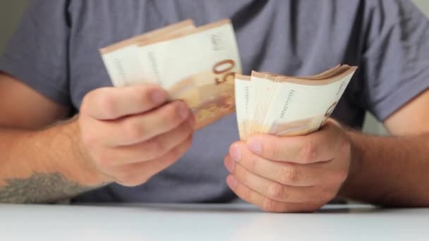 Male Hands Close Counting His Income Man Counting Money Euro — Stock Video