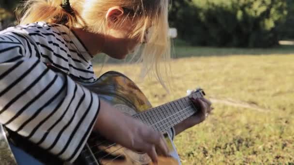 Девочки Подростки Играют Гитаре Парке Девушка Играет Гитаре Зеленом Природном — стоковое видео