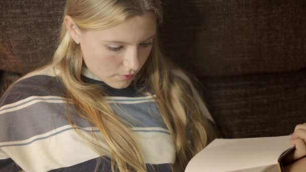 Teenage Girl Comfortably Seated Sofa Engrossed Pages Book Her Attention — Stock Video
