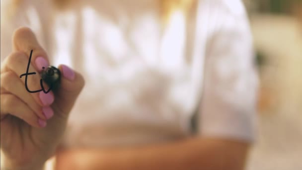 Bir Kız Siyah Kalemle Cam Üzerinde Uçmak Için Zaman Yazıyor — Stok video
