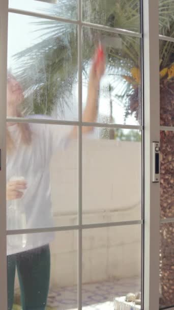 Kobieta Myje Okna Szmatą — Wideo stockowe