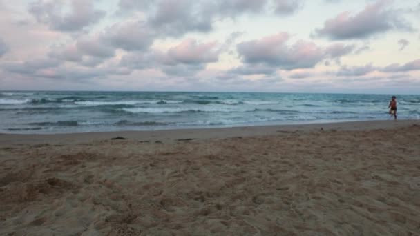 Αργή Κίνηση Του Ευτυχισμένου Αγοριού Τρέχει Στην Παραλία Μεγάλα Κύματα — Αρχείο Βίντεο