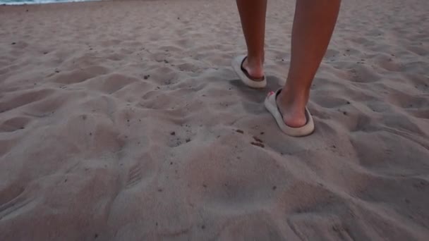 Młoda Dziewczyna Spaceruje Wzdłuż Piaszczystej Plaży Nad Oceanem Trzymając Japonki — Wideo stockowe