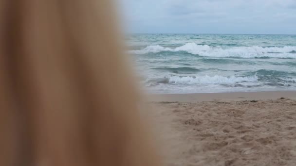 Menina Sentada Praia Admirando Mar Close Mar Céu Dramático Imagens — Vídeo de Stock