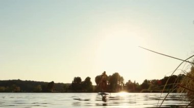 Gölde kürek çeken genç bir kadın. Göldeki kürek tahtası. Güzel yaz ve aktif yaşam tarzı konsepti. Kürek kaykayı. etkin yaşam tarzı kavramı