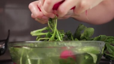 Kadın taze sebze çorbası hazırlıyor.