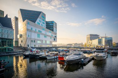 Amsterdam 'daki modern binaların manzarası. Amsterdam Capi 'dir