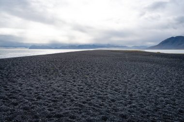 Vestrahorn Stoksnes Adaları yakınlarında tipik İzlanda koyunlarıyla güzel İzlanda manzarası