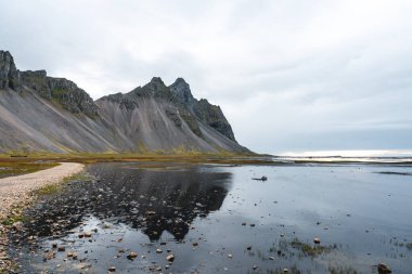 Aerial view of a viking village in Stokksnes under Vestrahorn mountain, Iceland