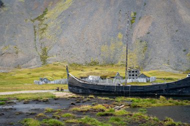 Aerial view of a viking village in Stokksnes under Vestrahorn mountain, Iceland