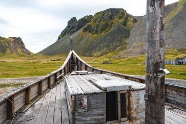 Aerial view of a viking village in Stokksnes under Vestrahorn mountain, Iceland