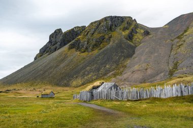Aerial view of a viking village in Stokksnes under Vestrahorn mountain, Iceland