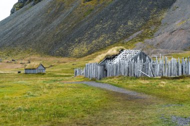 Aerial view of a viking village in Stokksnes under Vestrahorn mountain, Iceland