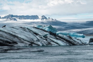 İzlanda, Avrupa 'daki Buzul Gölü Jokulsarlon. Suda büyük mavi buzdağlarıyla.