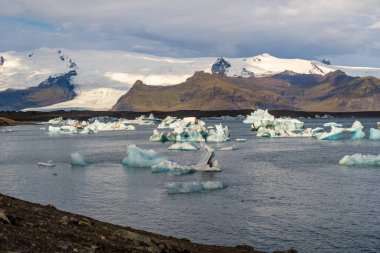 JkulsrIn İzlanda 'daki buzul gölünde, suda mavi buzdağları ve arka planda dağları vardı.