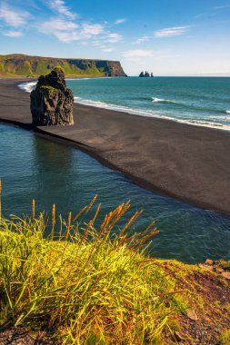 Vik İzlanda 'daki güzel siyah volkanik kumsalda dalgalar