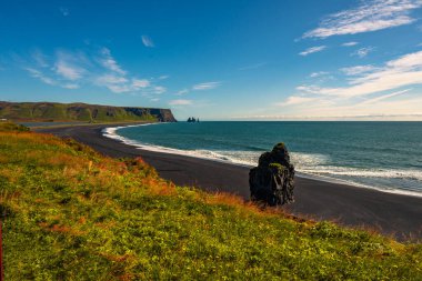 Vik İzlanda 'daki güzel siyah volkanik kumsalda dalgalar