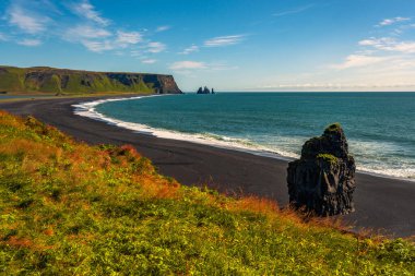 Vik İzlanda 'daki güzel siyah volkanik kumsalda dalgalar