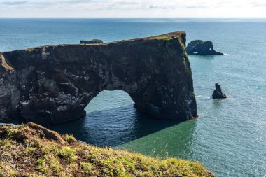 Dyrholaey sahil kayalıkları ve kayalık kemer, Vik, Güney İzlanda. Reyni.