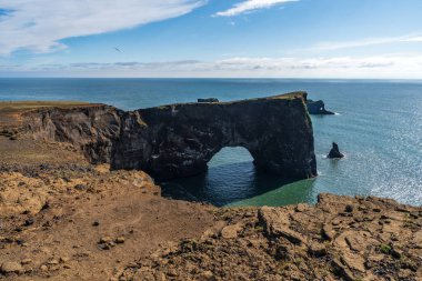 Dyrholaey sahil kayalıkları ve kayalık kemer, Vik, Güney İzlanda. Reyni.